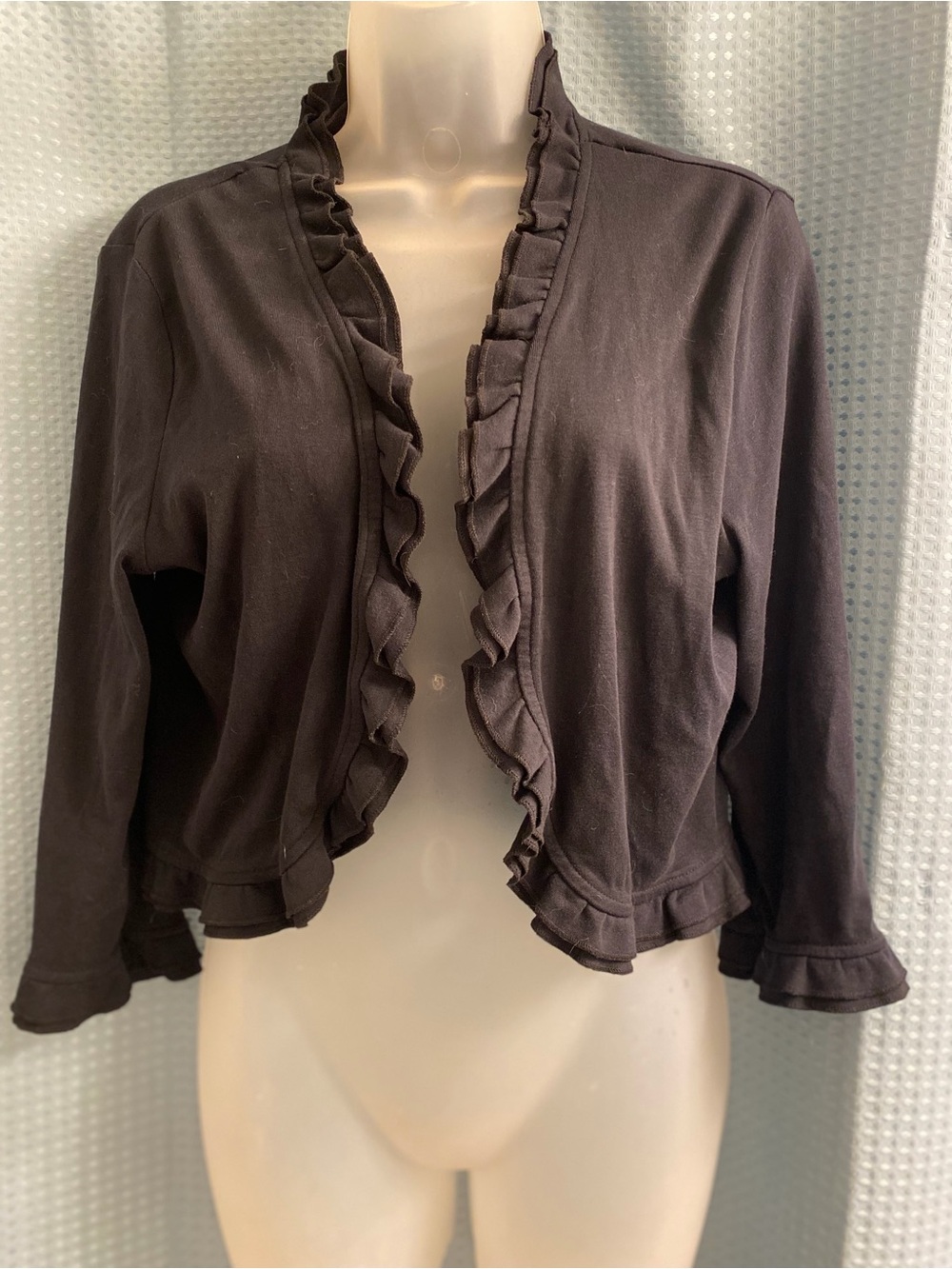 Charter Club Black Ruffled Open Front Cropped Shrug Cardigan Bolero